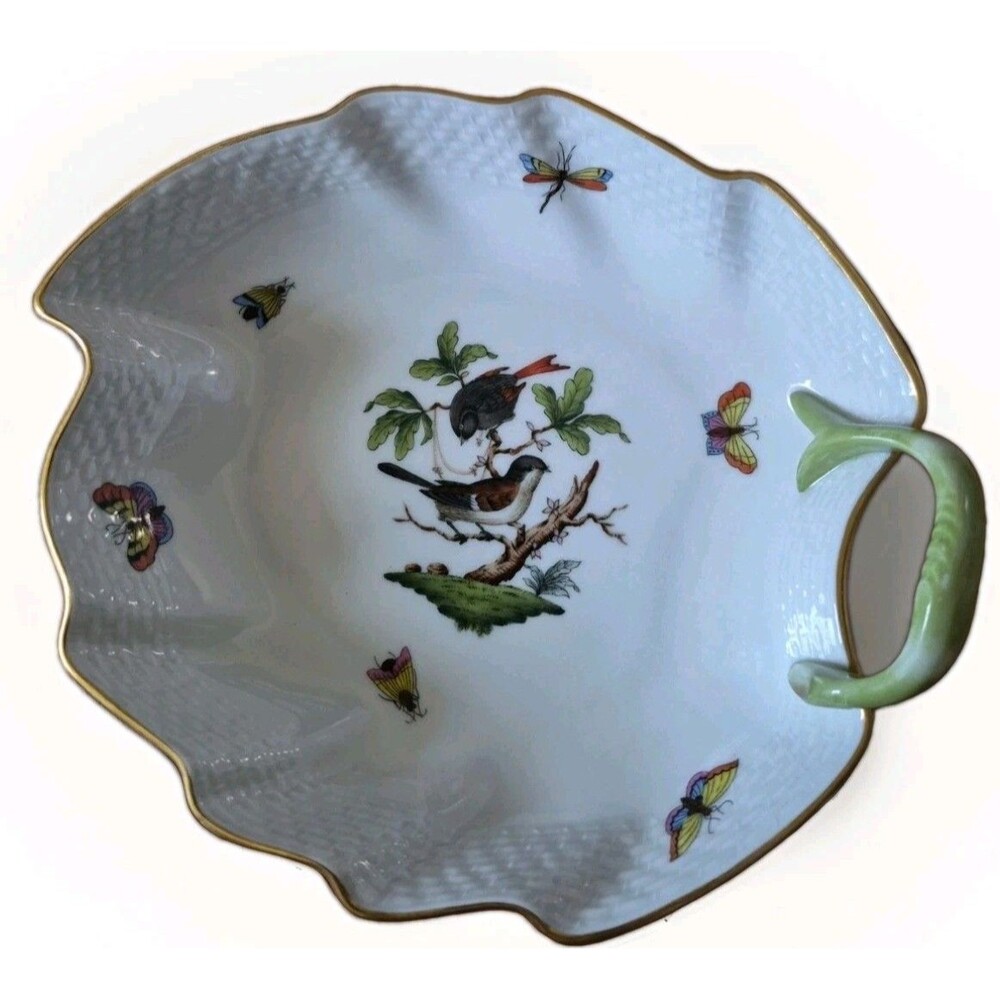Herend Rothschild Birds Leaf Dish w/Handle Hand Painted Stamped